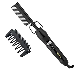 Homfu Hot Comb Hair Straightener Electric Pressing Comb Ceramic Curling Flat Iron Curler Designed Hair Straightener Brush for Natural Black ,Anti-Scald Beard Straightening Electric Press Comb