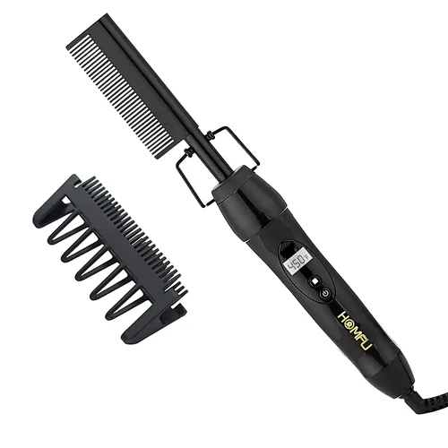 Homfu Hot Comb Hair Straightener Electric Pressing Comb Ceramic Curling Flat Iron Curler Designed Hair Straightener Brush for Natural Black ,Anti-Scald Beard Straightening Electric Press Comb